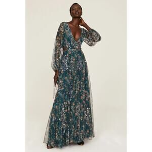 Ieena for Mac Duggal Blue Floral Gown Chiffon Dress Sequins, Size 2. Retail $598